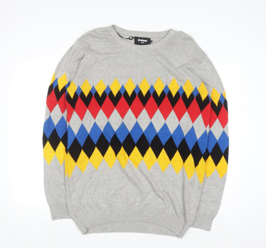 Ideas Men Grey Argyle Diamond Knit Cotton Jumper XL