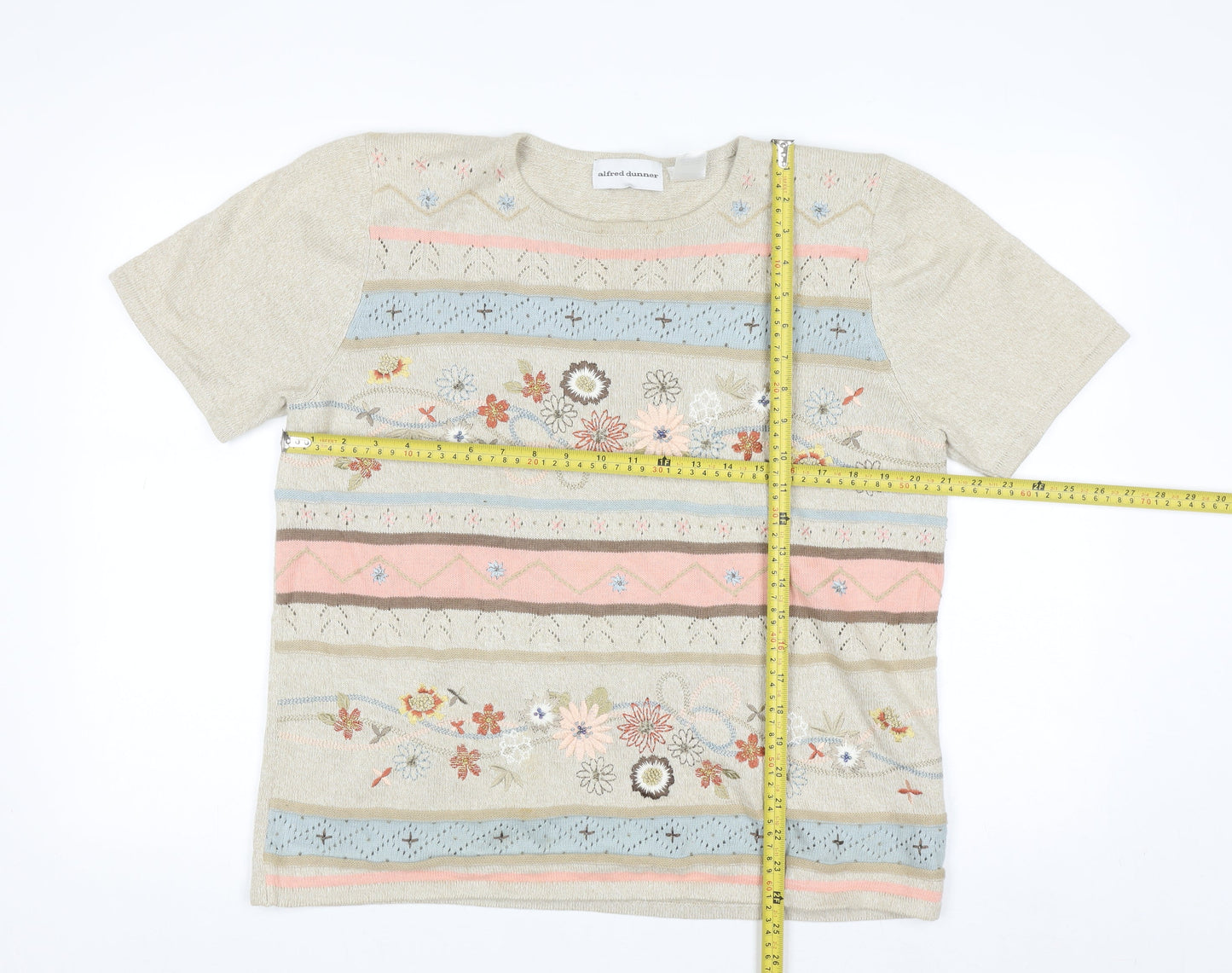 Alfred Dunner Women Beige Floral Embroidered Knit Jumper Size M