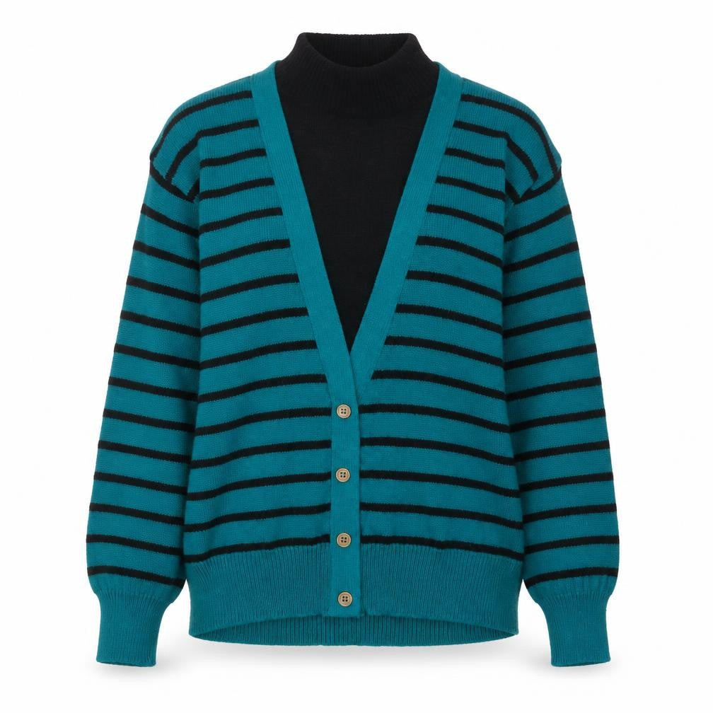 AMILANO Women's Blue Striped V-Neck Button Cardigan M