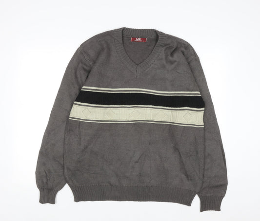 MK Collection Men's Grey V-Neck Pullover Jumper L Knitwear