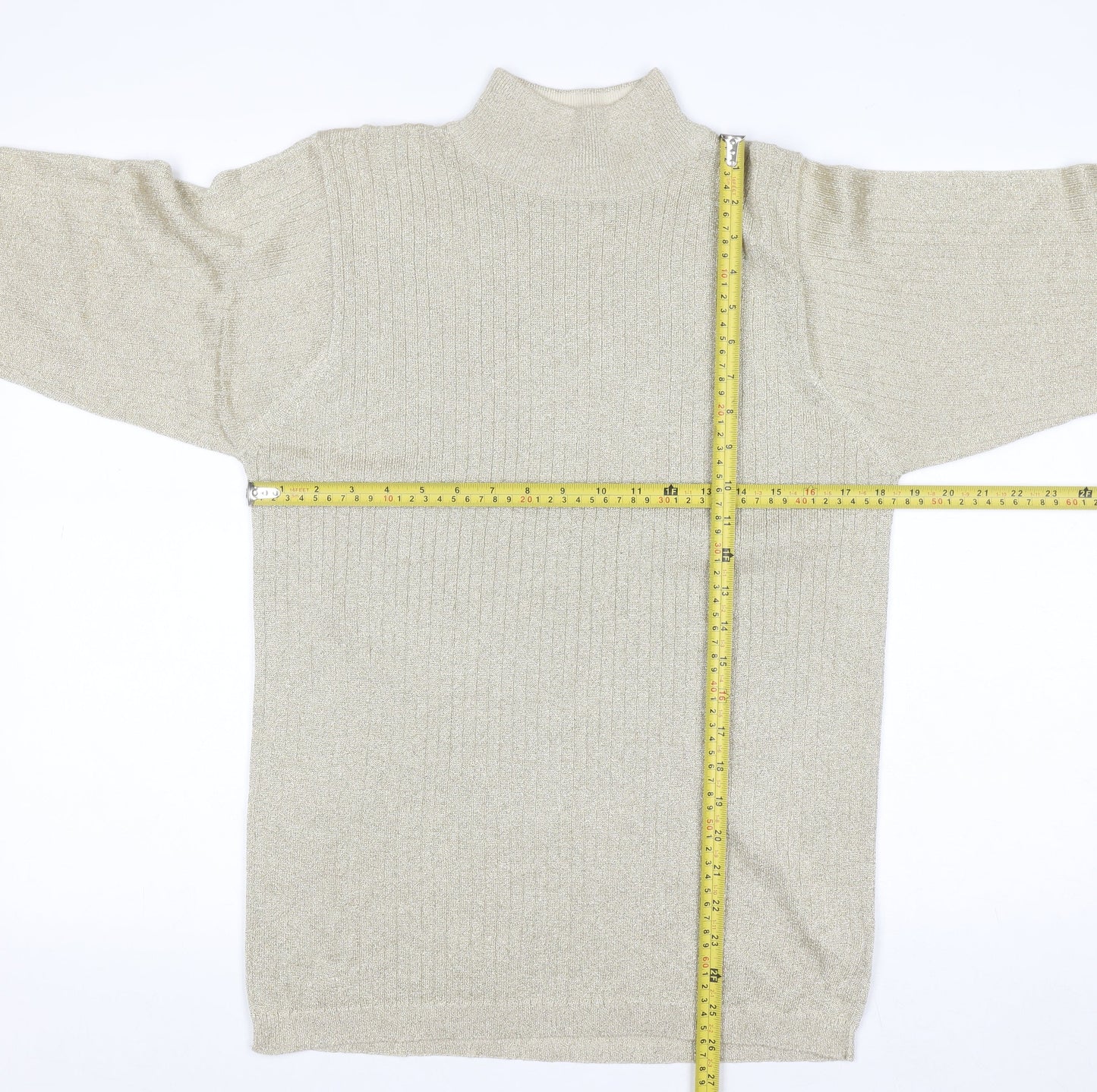 Marisa Christina Women's Beige Mock Neck Metallic Knit Jumper L