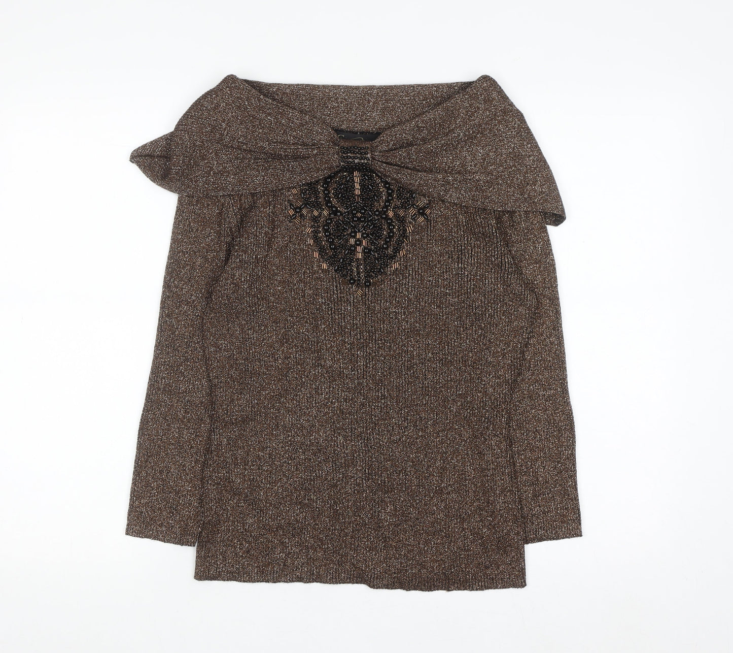 Christine Phillipe Womens Brown Beaded Boat Neck L Knit Jumper