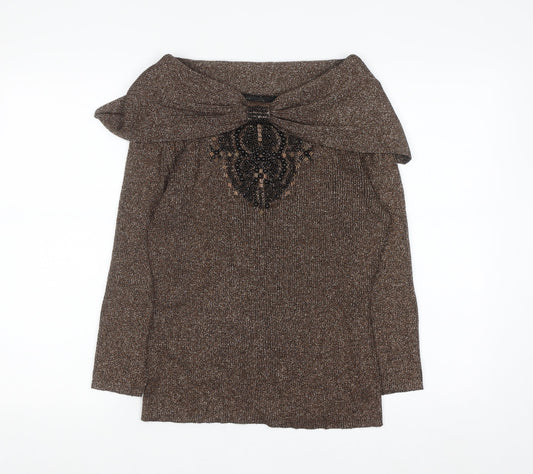 Christine Phillipe Womens Brown Beaded Boat Neck L Knit Jumper