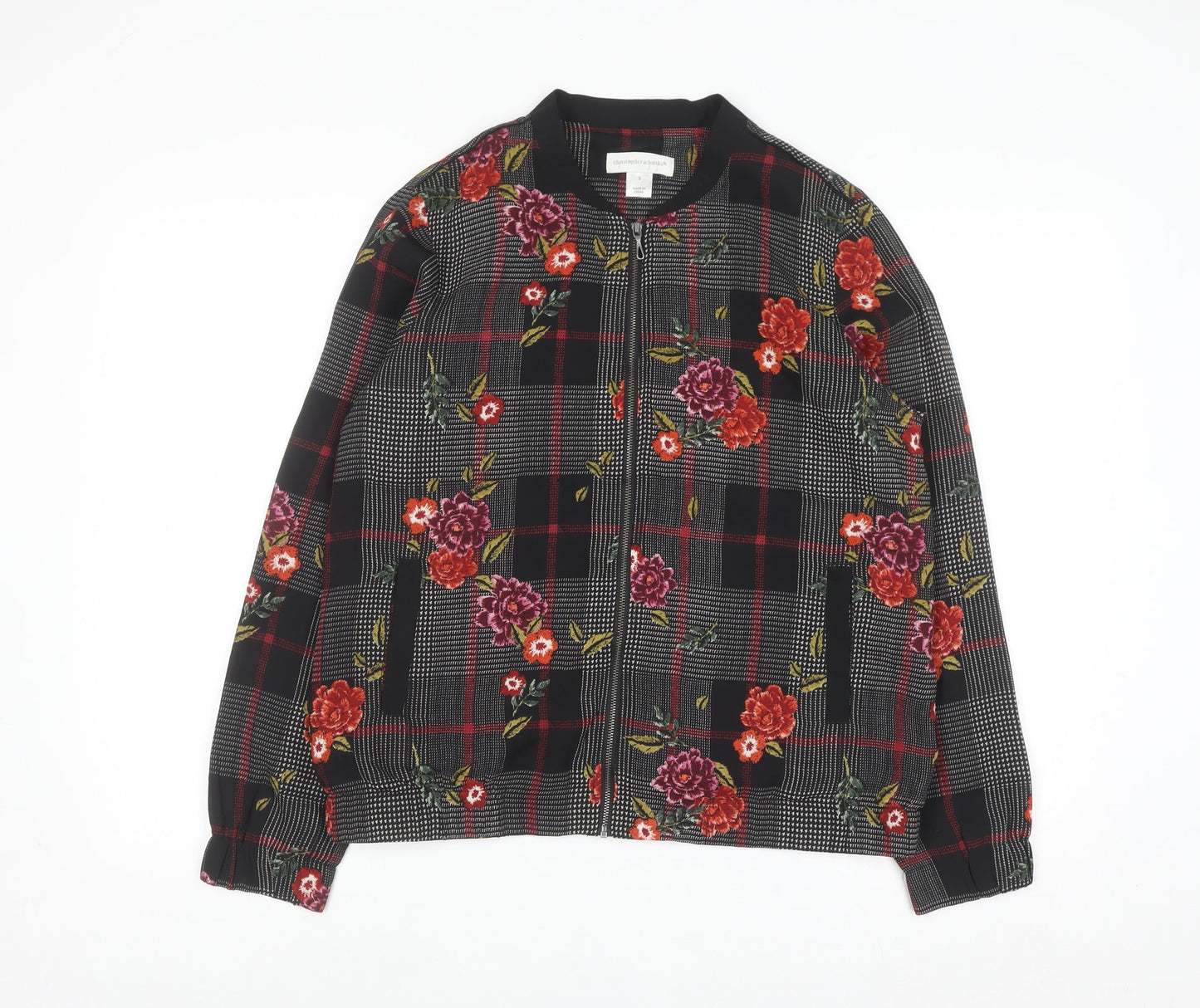 Christopher & Banks Women's Black Floral Check Bomber Jacket Size S