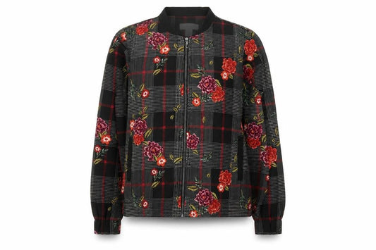 Christopher & Banks Women's Black Floral Check Bomber Jacket Size S