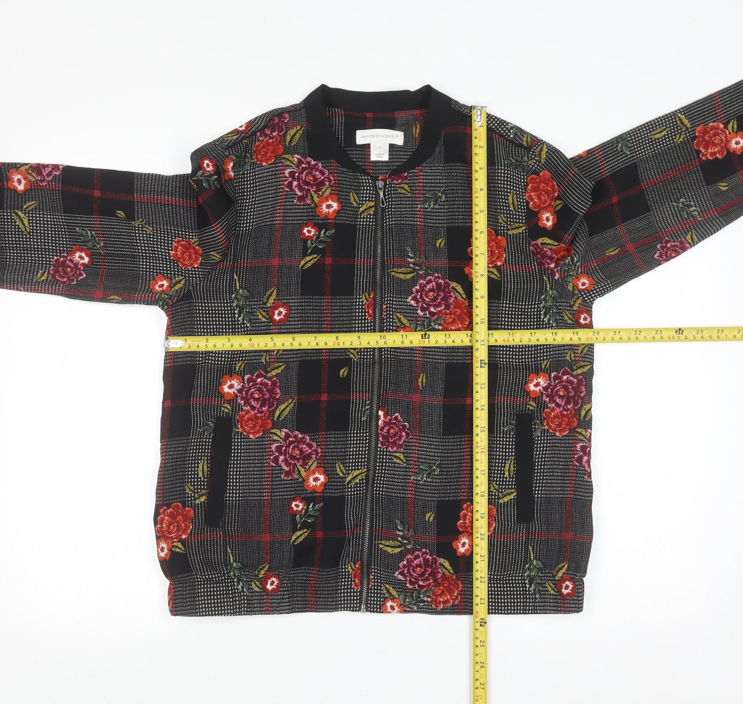 Christopher & Banks Women's Black Floral Check Bomber Jacket Size S