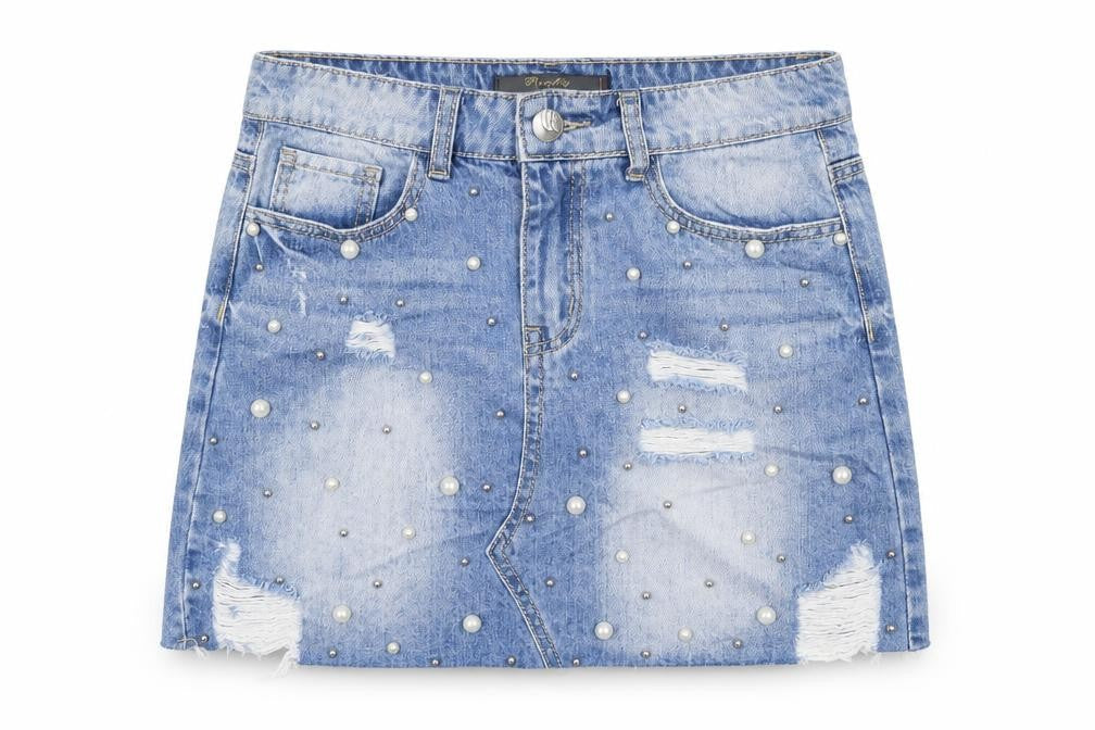 Realty Jeans Women Blue Mini Denim Skirt M Beaded Distressed Casual