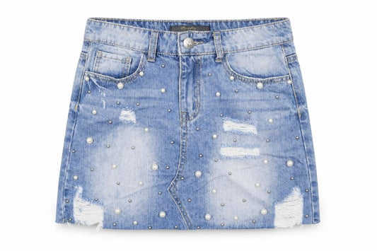 Realty Jeans Women Blue Mini Denim Skirt M Beaded Distressed Casual