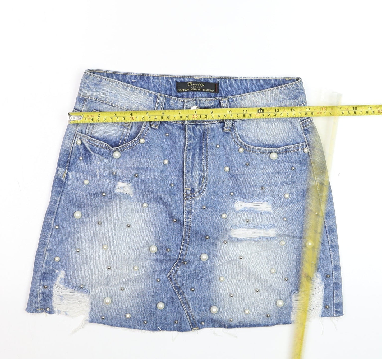 Realty Jeans Women Blue Mini Denim Skirt M Beaded Distressed Casual