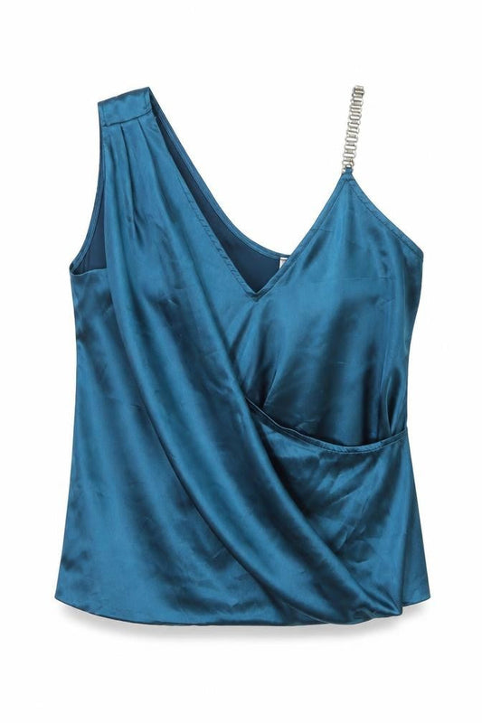 Lipsy Women’s Blue Satin Wrap Blouse with Beaded Strap Size M