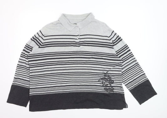 Dash Women Grey Striped Collared Henley Jumper Size 20