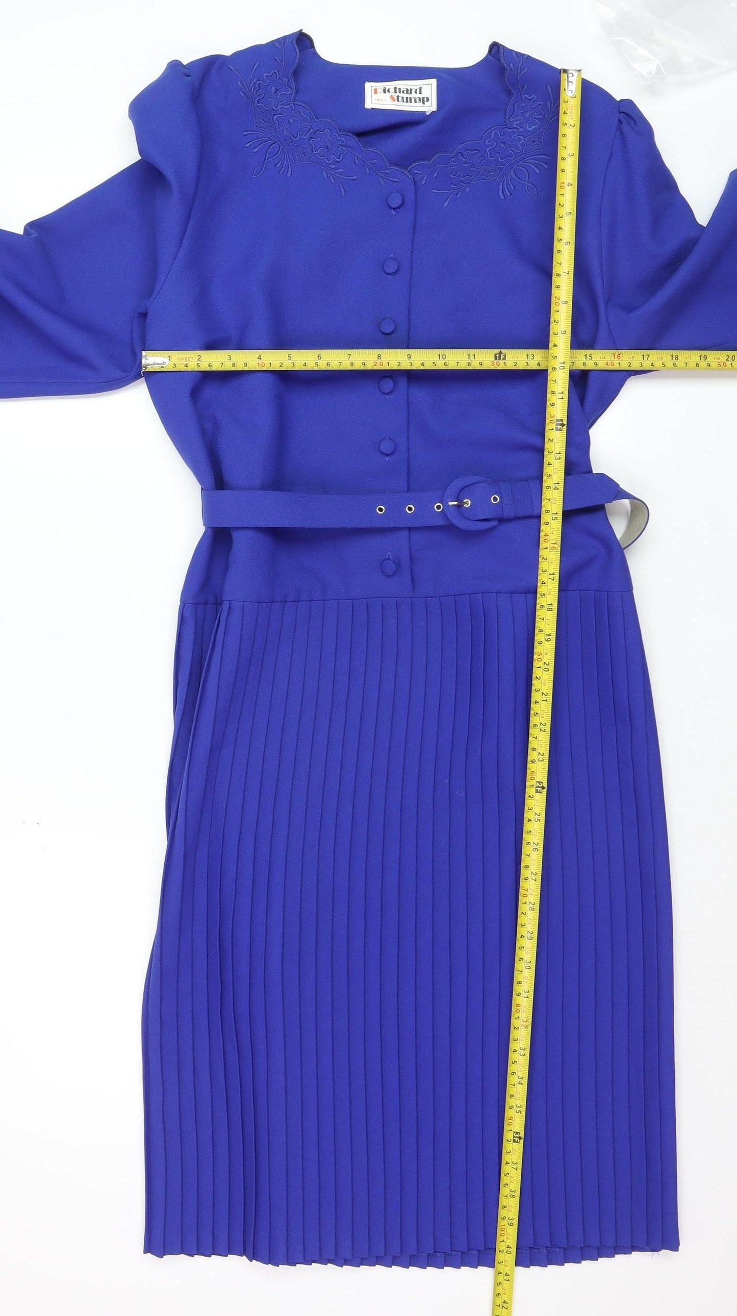 Richard Stump Women's Blue Pleated Fit & Flare Belted Dress Size 14