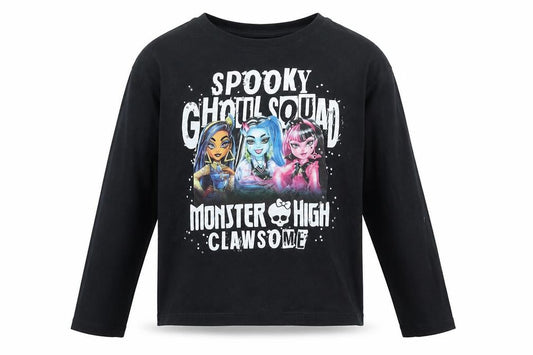 Front view of girls’ monster high black long sleeve t-shirt 10-11 years spooky graphic top