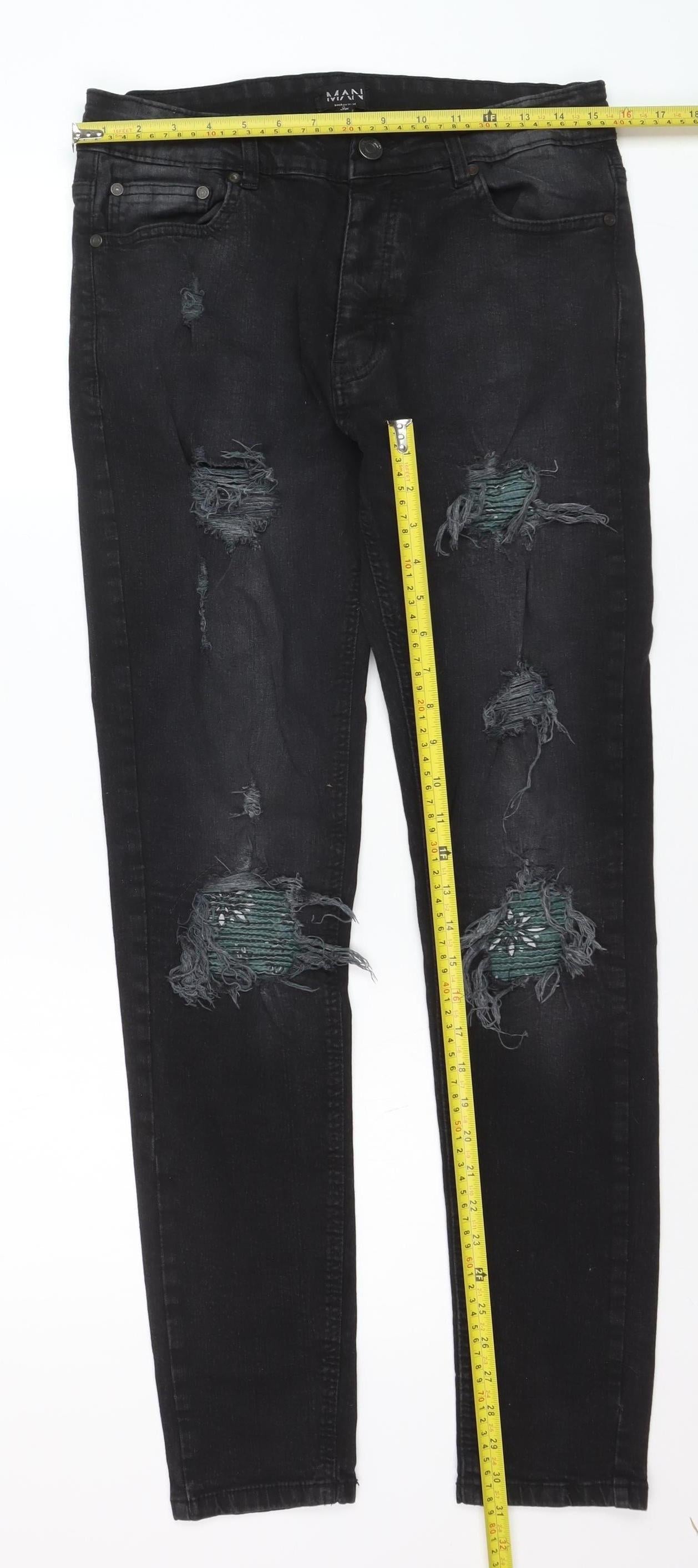 boohooMAN Men's Black Distressed Skinny Jeans Size 32 Slim Fit Denim