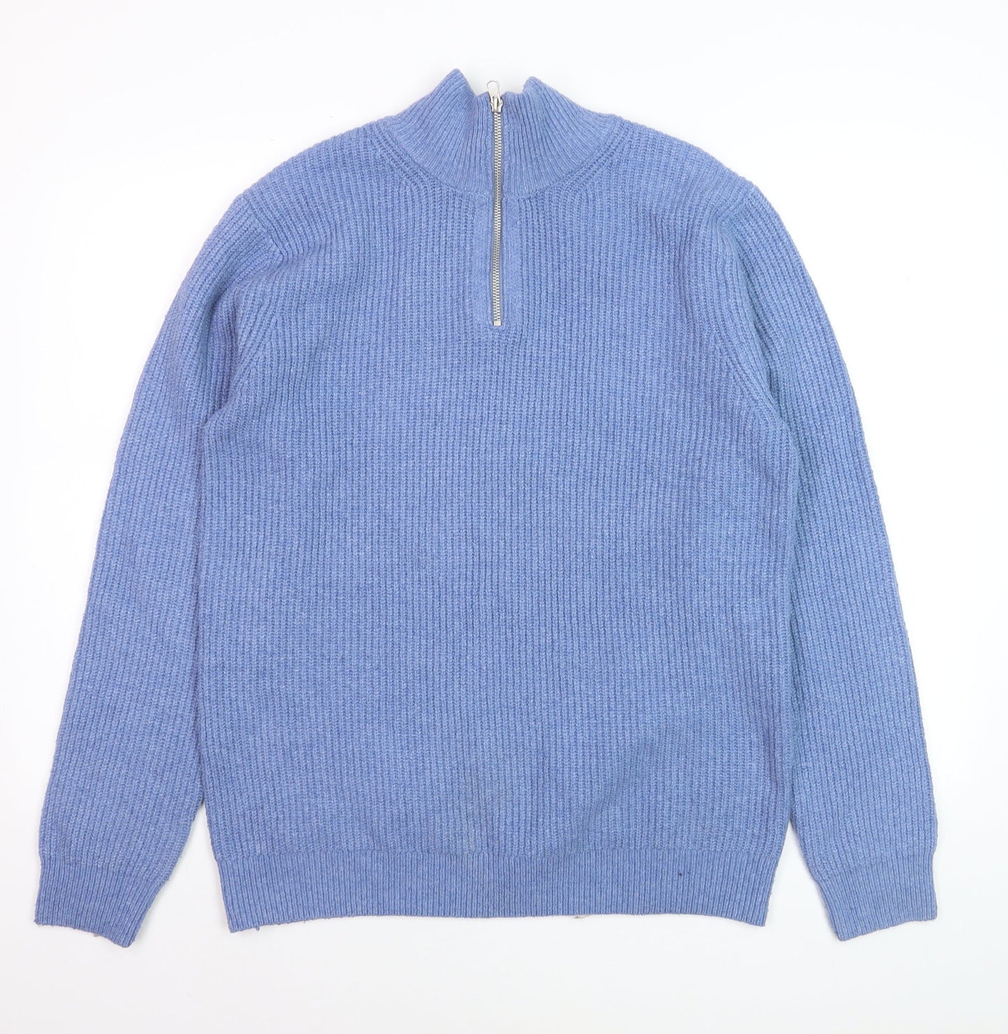 Easy Men's Blue 1/2 Zip High Neck Ribbed Knit Jumper M