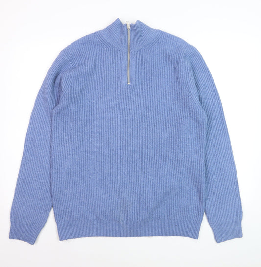 Easy Men's Blue 1/2 Zip High Neck Ribbed Knit Jumper M