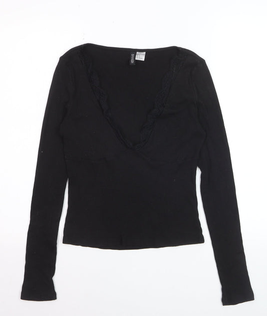 H&M Divided Women’s Black Cropped Long Sleeve V-Neck Top Size 12