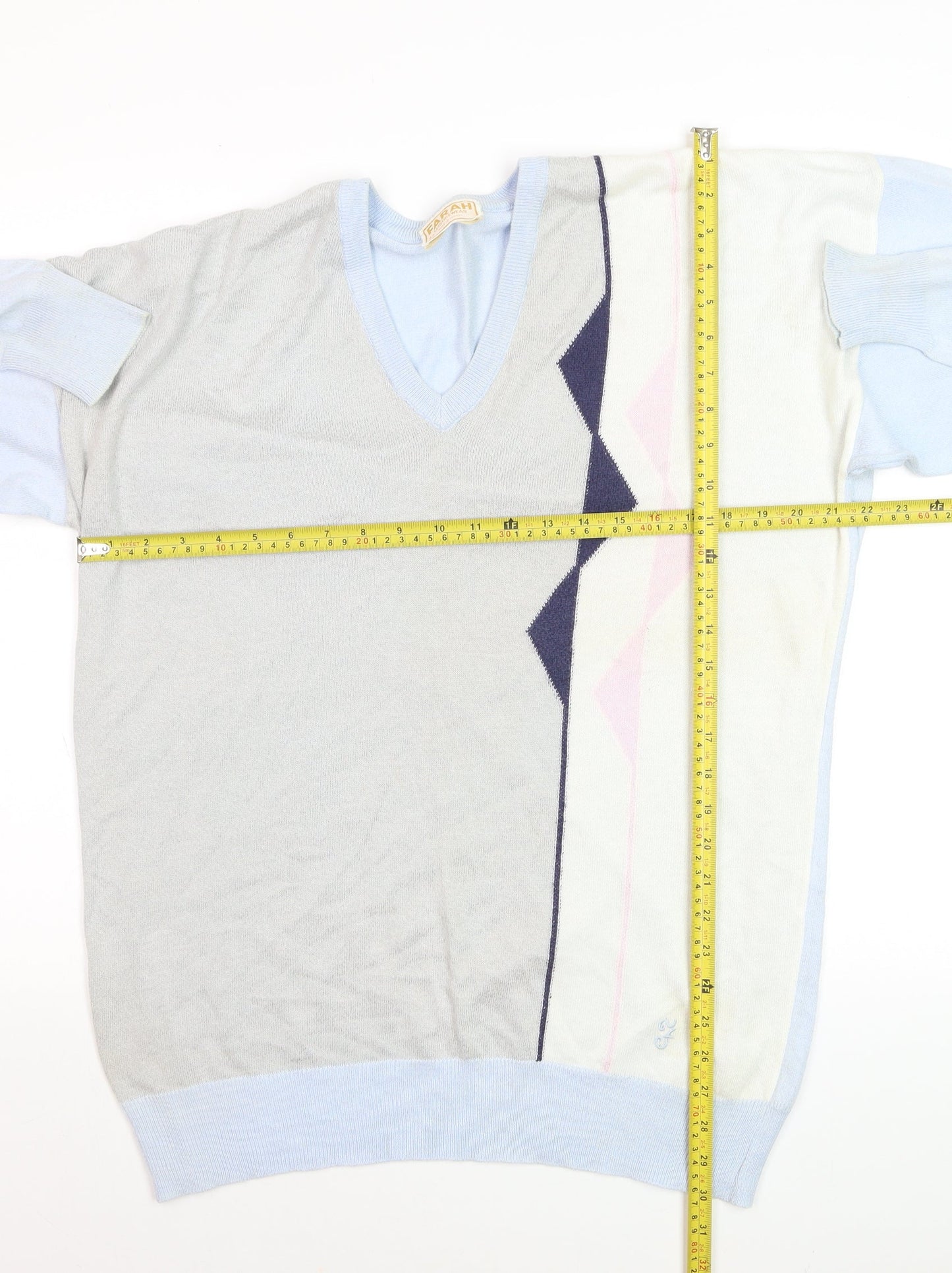 Farah Mens Light Blue Geometric V-Neck Acrylic Jumper L