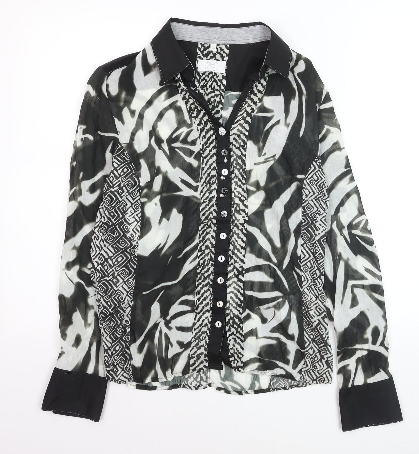 Just White Women’s Black Animal Print Collared Long Sleeve Blouse Size 8