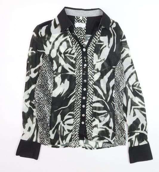 Just White Women’s Black Animal Print Collared Long Sleeve Blouse Size 8