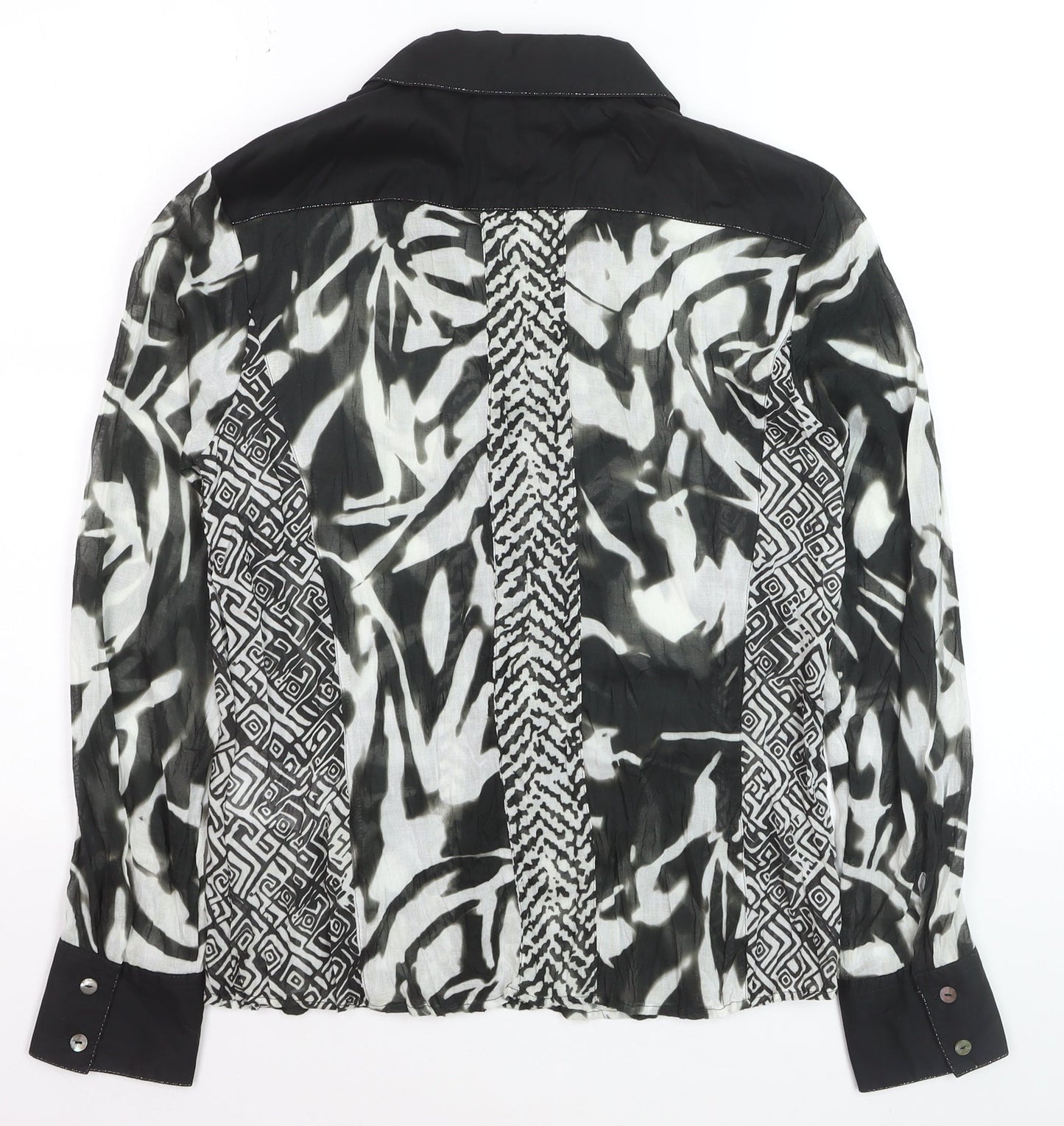 Just White Women’s Black Animal Print Collared Long Sleeve Blouse Size 8