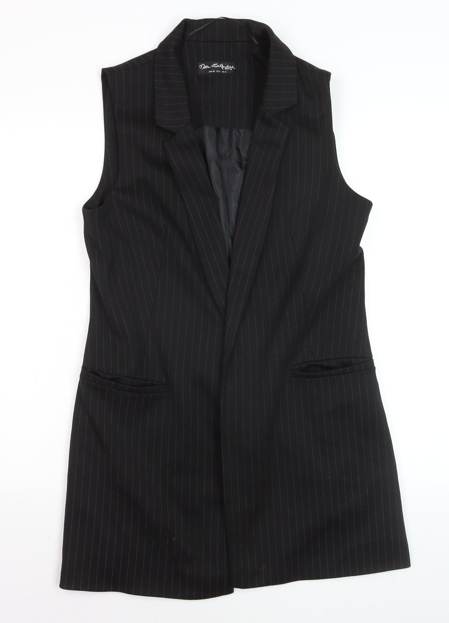 Miss Selfridge Women’s Black Pinstripe Long Waistcoat Size 12