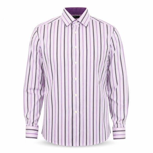 Marks & Spencer Autograph Men's Purple Striped Cotton Long Sleeve Shirt 15.5 Regular Fit