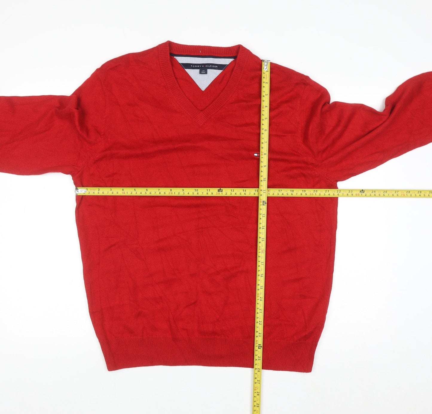 Tommy Hilfiger Men's Red V-Neck Cotton Blend Jumper L