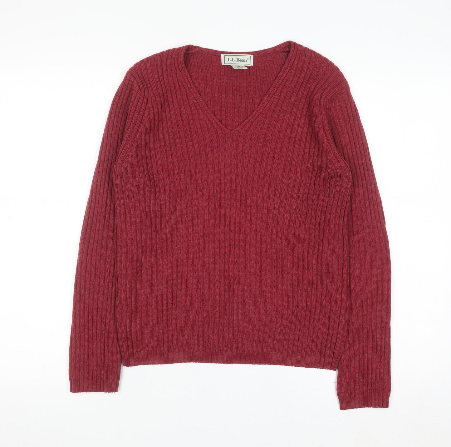 L.L. Bean Women Red Wool V-Neck Ribbed Jumper Size S