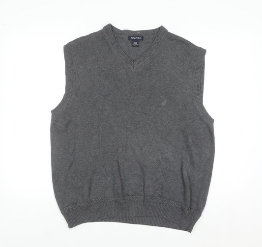 Nautica Men Grey Cotton Sleeveless V-Neck Knit Jumper Vest Size L