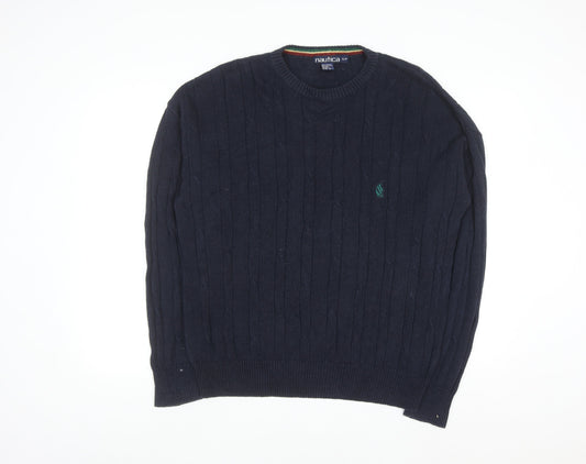 Nautica Men's Blue Cable-Knit Crew Neck Linen Cotton Jumper Size S