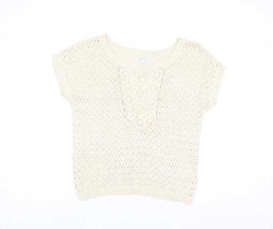 Joseph A Women Beige Open Knit Cotton Blend Short Sleeve Jumper M