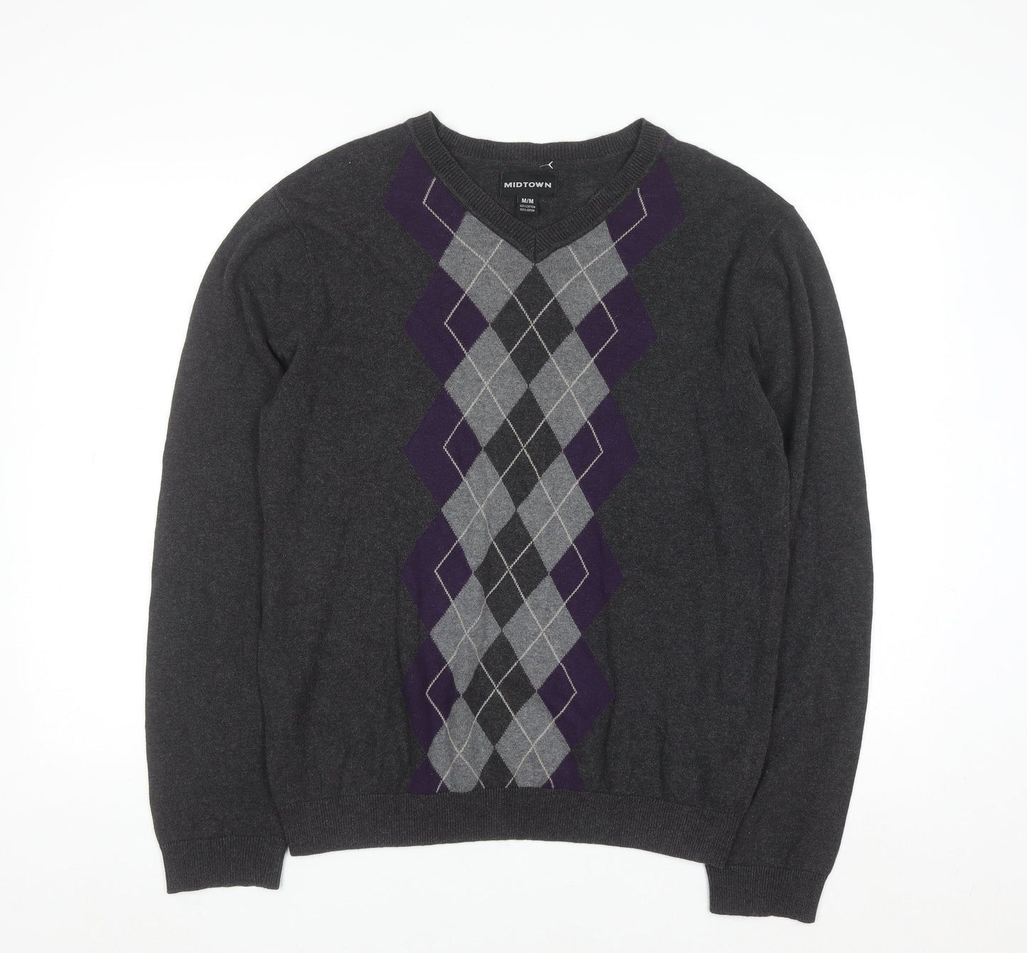 Midtown Men's Grey Argyle V-Neck Cotton Jumper Size M Classic Knit