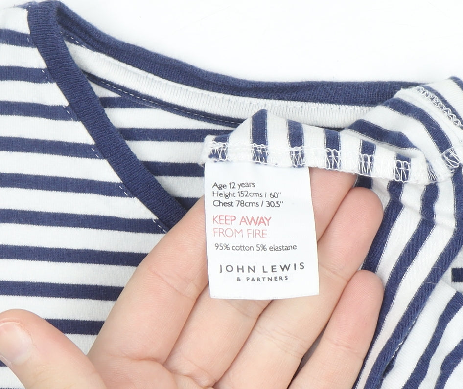John Lewis Girls Navy Striped Long Sleeve T-Shirt Age 12 Embroidered Floral Top