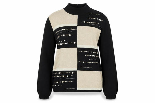 Alfred Dunner Womens Black L Petite Beaded Mock Neck Jumper