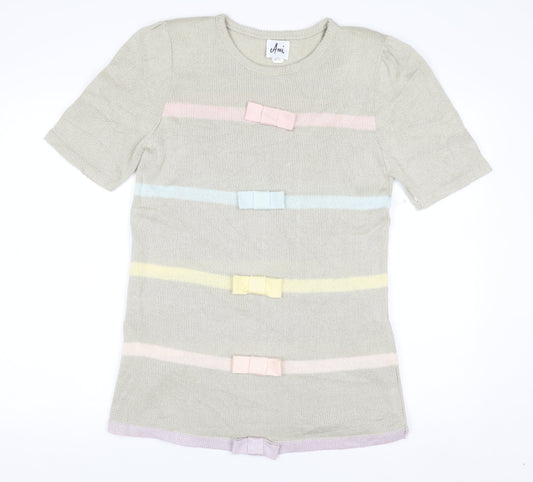 Ami Women Beige Short Sleeve Bow Knit Jumper Size 10