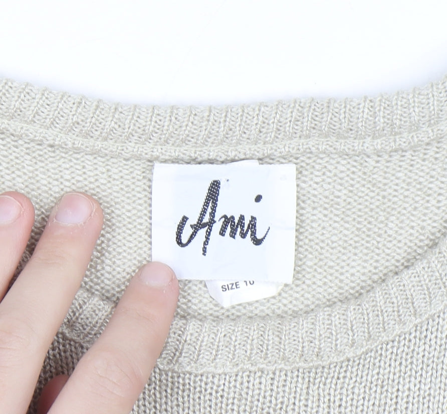Ami Women Beige Short Sleeve Bow Knit Jumper Size 10