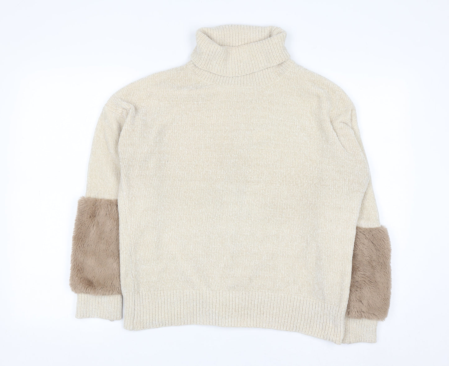 Klass Women’s Beige Roll Neck Chunky Knit Faux Fur Trim Jumper M