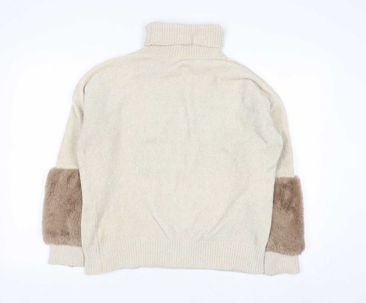 Klass Women’s Beige Roll Neck Chunky Knit Faux Fur Trim Jumper M
