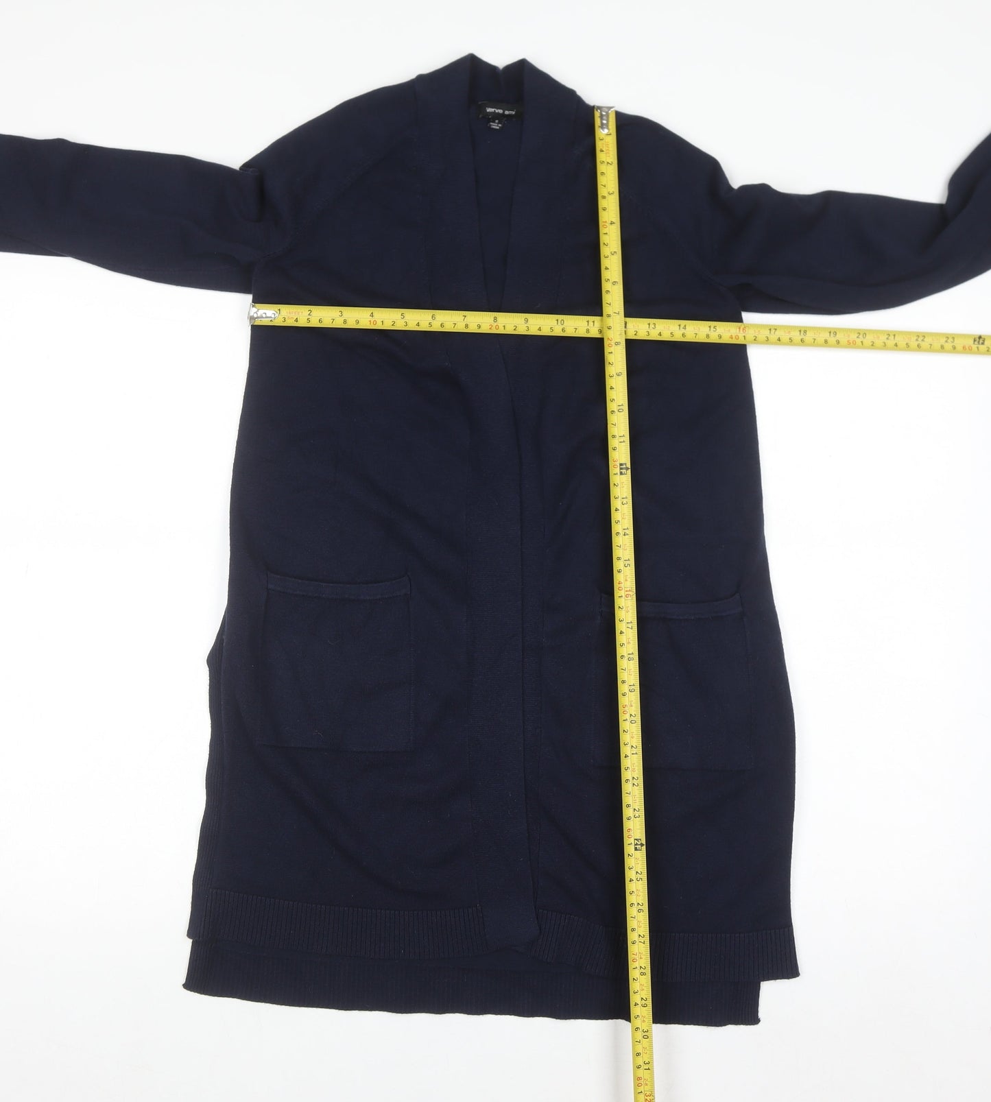 Verve Ami Women's Blue Longline Cardigan Size S Knit Open Front Pockets