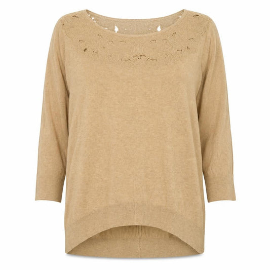 Monsoon Women Beige Embroidered Knit Jumper Medium 3/4 Sleeve