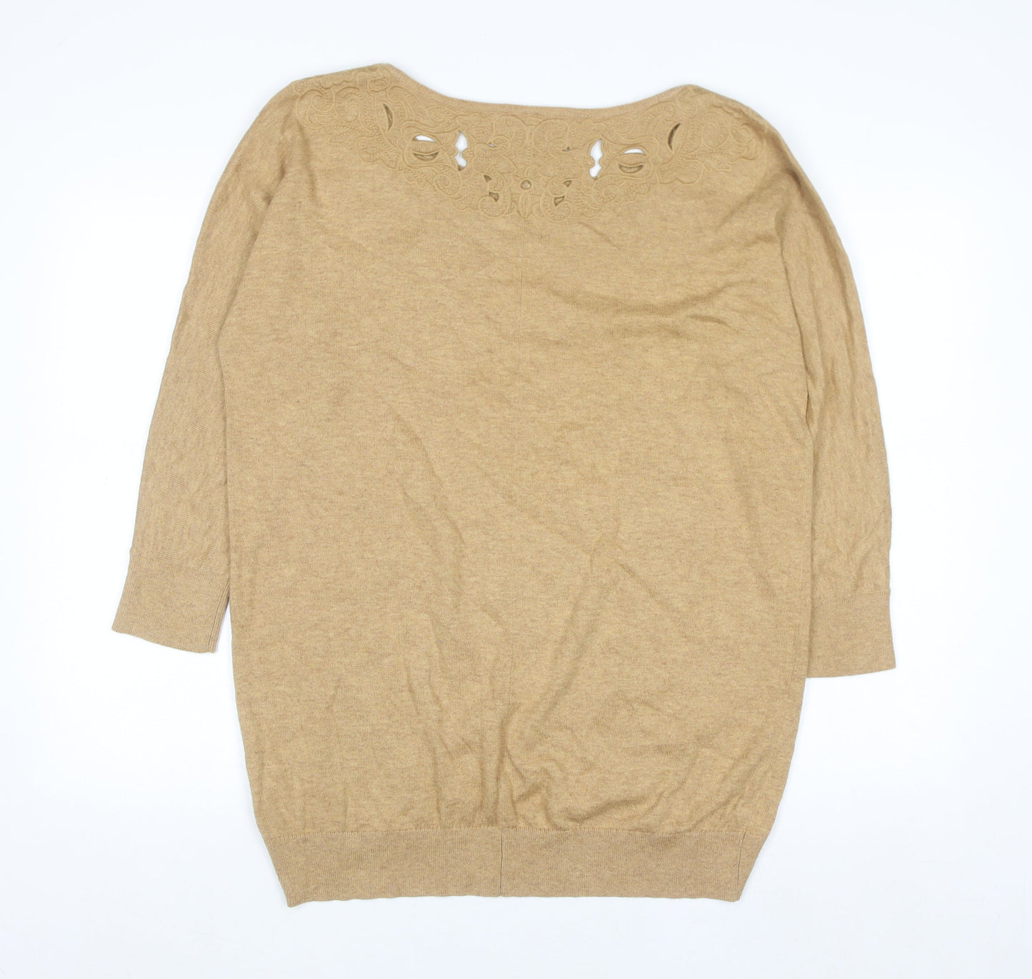 Monsoon Women Beige Embroidered Knit Jumper Medium 3/4 Sleeve
