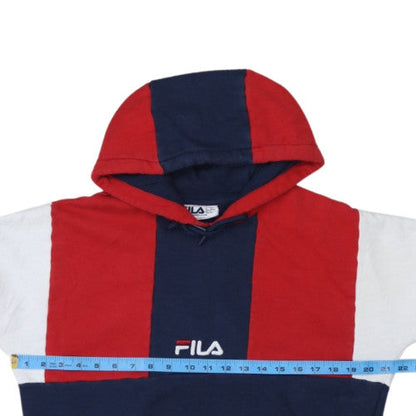 Back view of Fila Women's Navy Red Colourblock Hoodie, size S, Pullover Cotton Blend