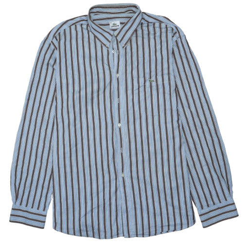 Lacoste Men Blue Brown Striped Cotton Button-Up Shirt Size 46