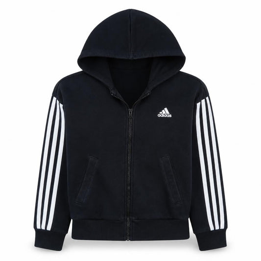 Front view of Adidas women’s black xs full zip hoodie sweatshirt with logo