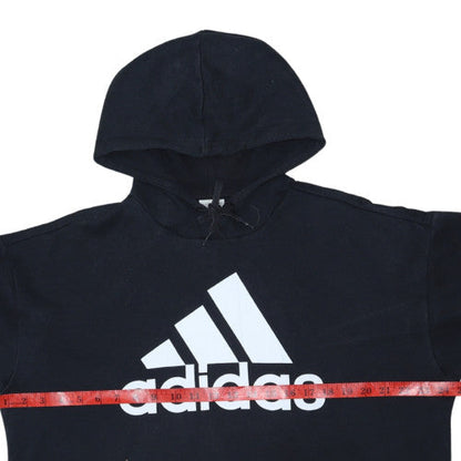 Close-up detail of Adidas women’s black pullover hoodie, size S, logo print casual