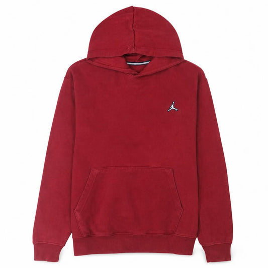 Front view of Jordan men’s red pullover hoodie, size M, fleece sportswear