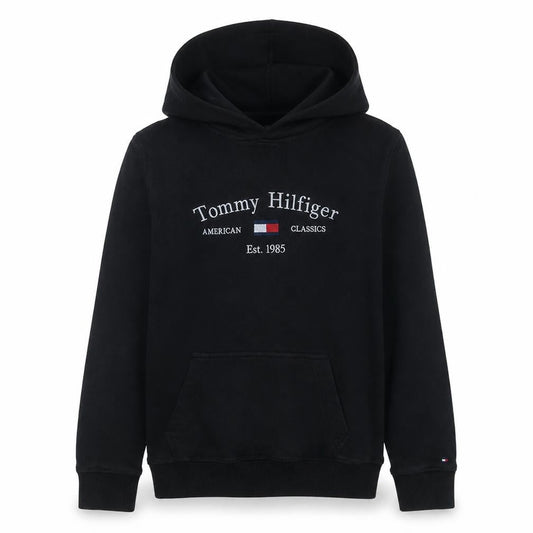 Front view of Tommy Hilfiger boys’ black pullover hoodie, size 164, logo classic style
