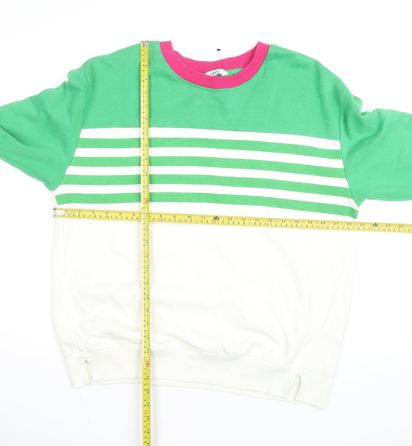 Next Women Green White Stripe Pullover Sweatshirt Size L Cotton Blend