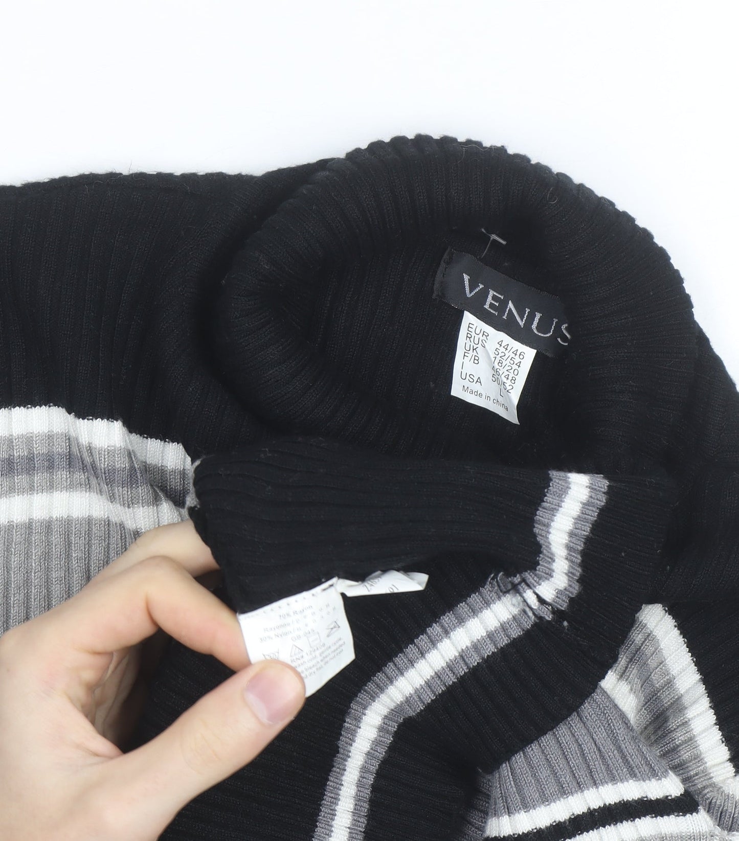 VENUS Women's Black Grey Striped Roll Neck Jumper Size 18